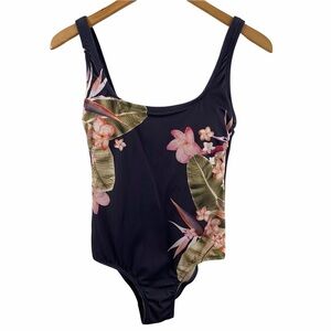 Kona Sol Grey Floral Ribbed One Piece Swimsuit Sz S Open Back Womens